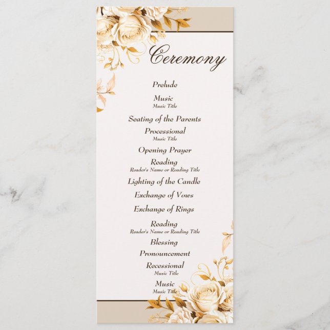 Elegant Gold & Ivory Floral Ceremony Wedding Party Program (Front)