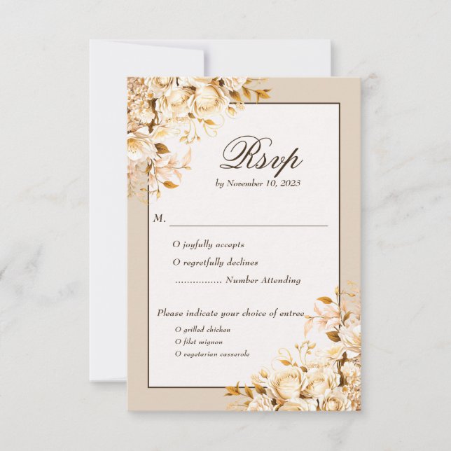 Elegant Gold & Ivory Floral Traditional RSVP Card (Front)