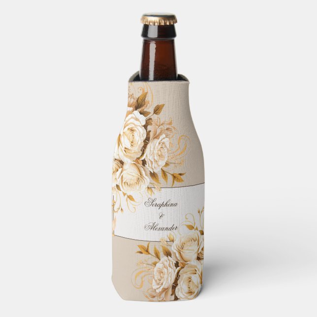 Elegant Gold & Ivory Floral Wedding Bottle Cooler (Bottle Front)