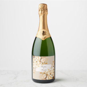 Elegant Gold & Ivory Floral Wedding Sparkling Wine Label