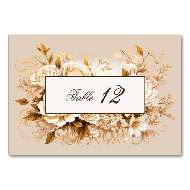 Elegant Gold & Ivory Floral Wedding Table Number (Front)