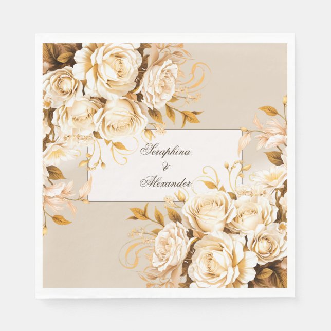 Elegant Gold & Ivory Floral Wedding Thank You Napkin (Front)