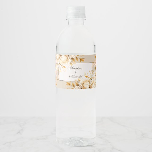 Elegant Gold & Ivory Floral Wedding Water Bottle Label (Front)