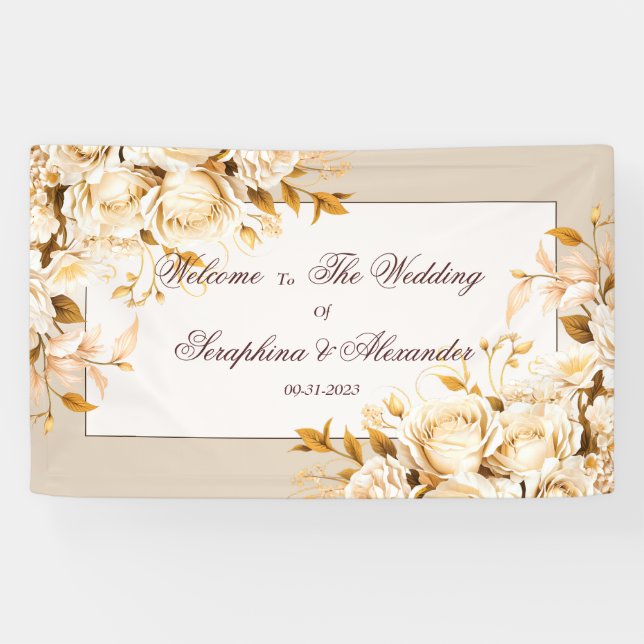 Elegant Gold & Ivory Floral Wedding Welcome Banner (Horizontal)