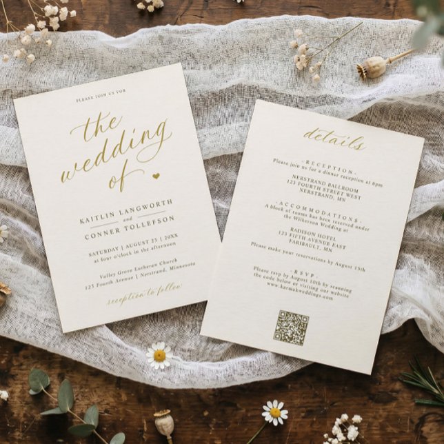Elegant Gold & Ivory Script All in One Wedding Invitation (Cream wedding invitation with gold script, classic typography and elegant heart.)