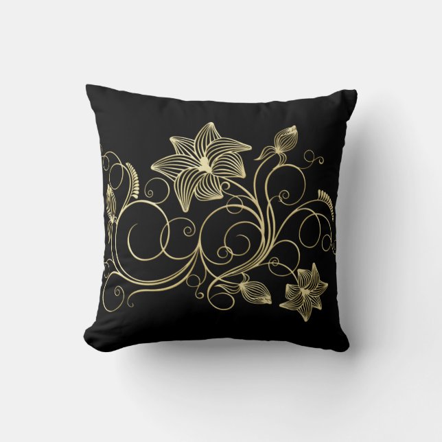 Elegant Gold Ivy Flower and Leaves Cushion (Front)