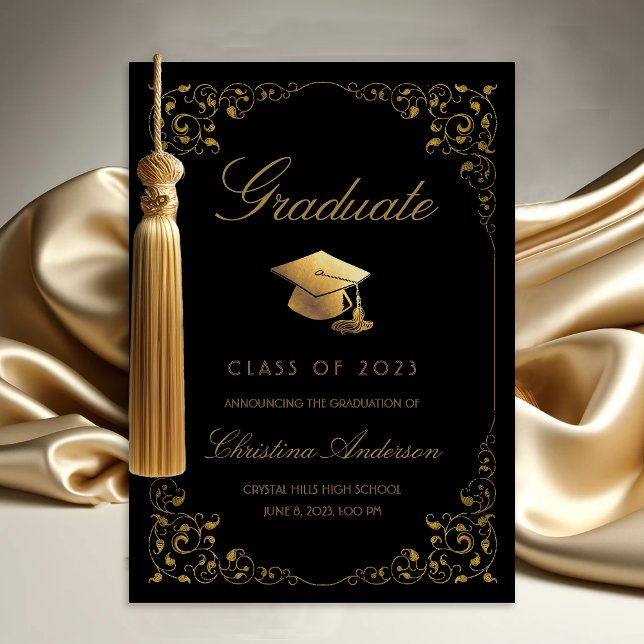 Elegant Gold Ivy Grad Cap Black Graduation Announcement (Gold Ivy Leaf on Black Graduation Announcement)