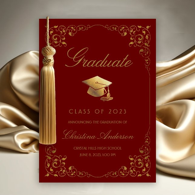 Elegant Gold Ivy Grad Cap Burgundy Graduation Announcement (Gold Ivy Leaf on Maroon Graduation Announcement)