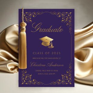 Elegant Gold Ivy Grad Cap Purple Graduation Announcement