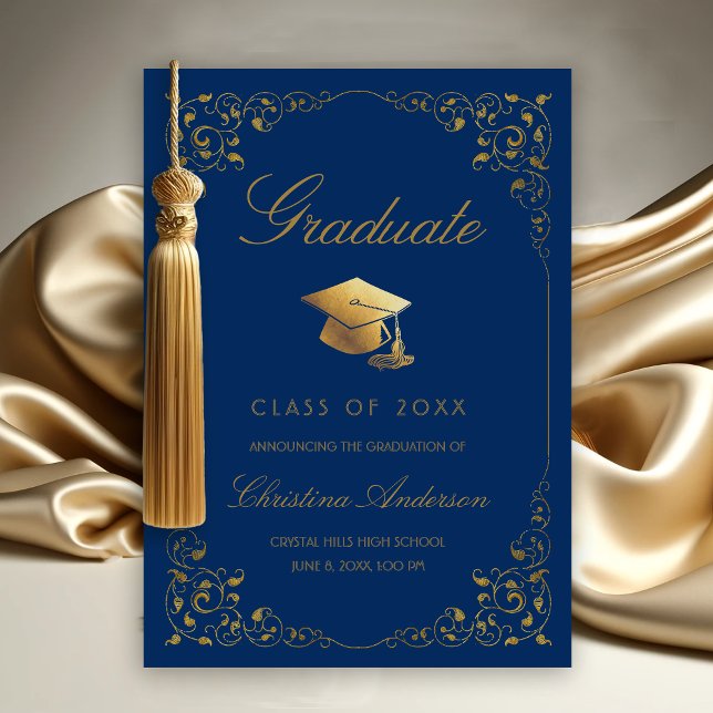 Elegant Gold Ivy Grad Cap Royal Blue Graduation Announcement (Gold Leaf on Royal Blue Graduation Announcement)