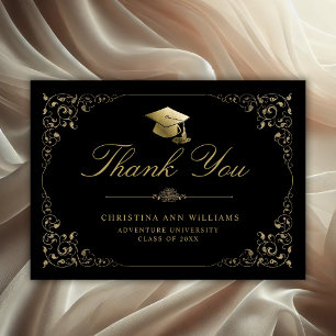 Elegant Gold Ivy Script Black Graduation Thank You Card
