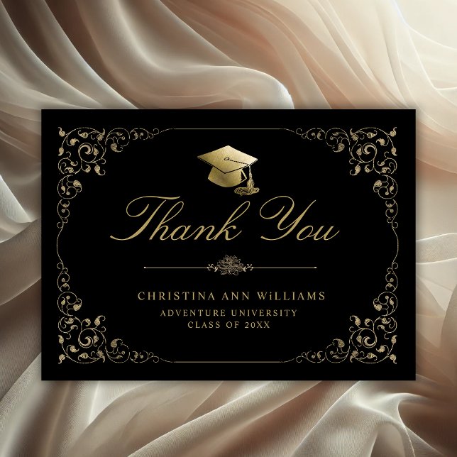 Elegant Gold Ivy Script Black Graduation Thank You Card (Elegant Ivy Gold Leaf Graduation Thank You Card)
