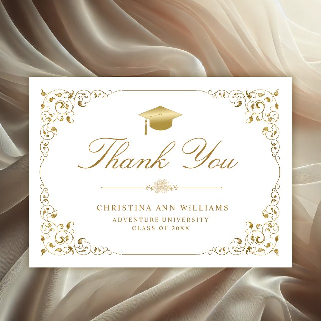 Elegant Gold Ivy Script White Graduation Thank You Card (Elegant white and gold ivy leaf Graduation Thank you card)