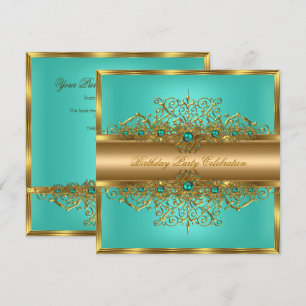 Elegant Gold Jade Teal Pearls Birthday Party Invitation
