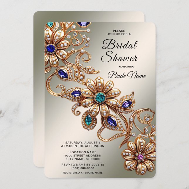 Elegant Gold Jewel Flowers Bridal Shower Invitation (Front/Back)