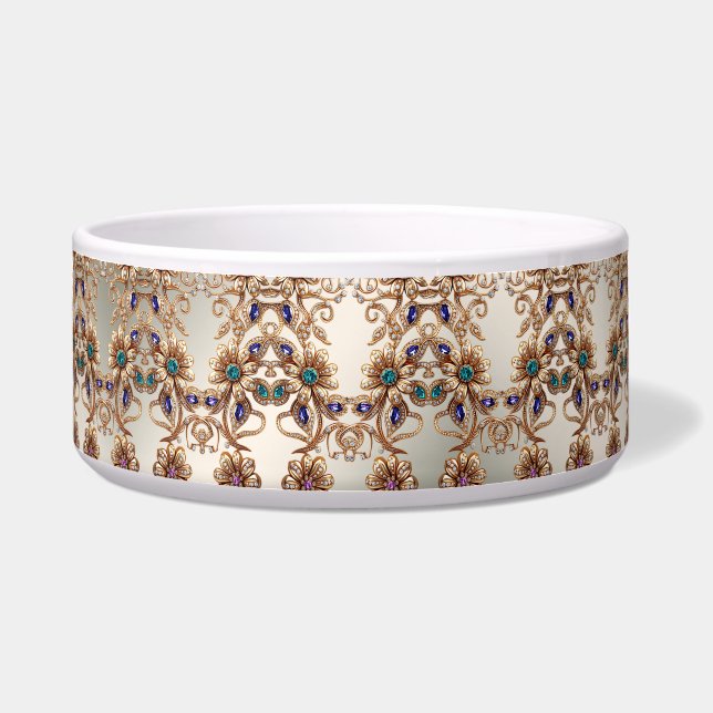 Elegant Gold Jewel Flowers Ceramic Pet Bowl (Front)