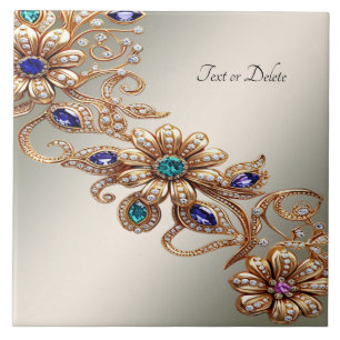 Elegant Gold Jewel Flowers Ceramic Tile