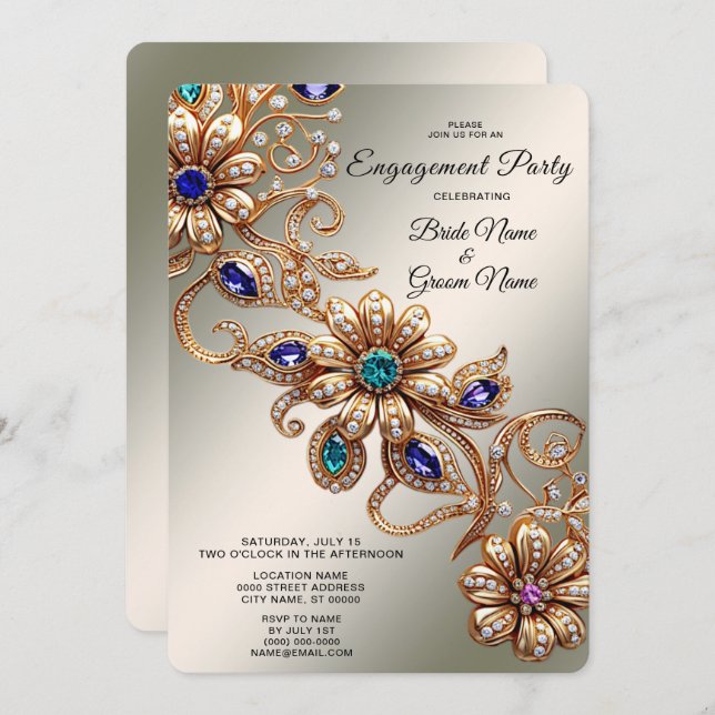 Elegant Gold Jewel Flowers Engagement Invitation (Front/Back)