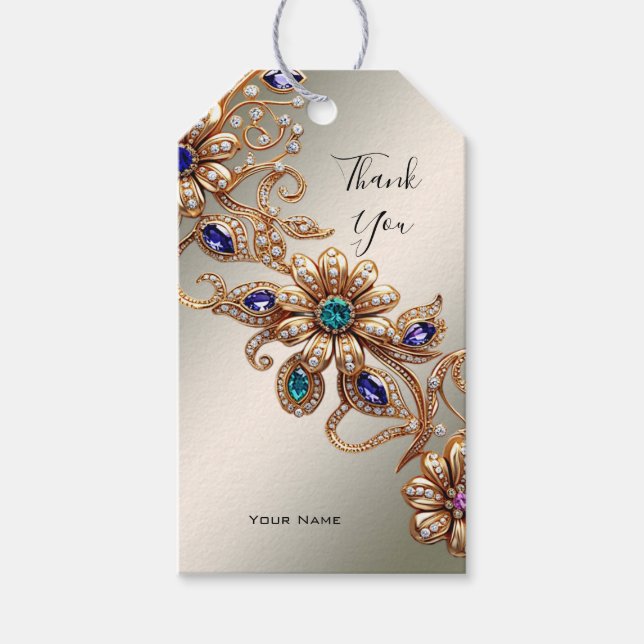 Elegant Gold Jewel Flowers Gift Tag (Front)