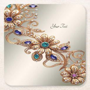 Elegant Gold Jewel Flowers Paper Coaster