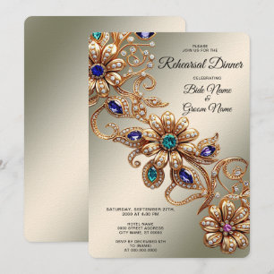 Elegant Gold Jewel Flowers Rehearsal Dinner Invitation