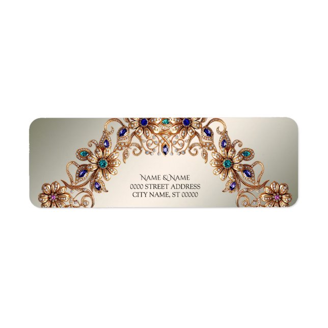 Elegant Gold Jewel Flowers Return Address Label (Front)