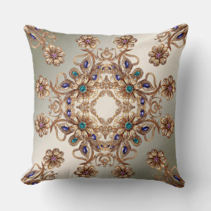 Elegant Gold Jewel Flowers Throw Pillow