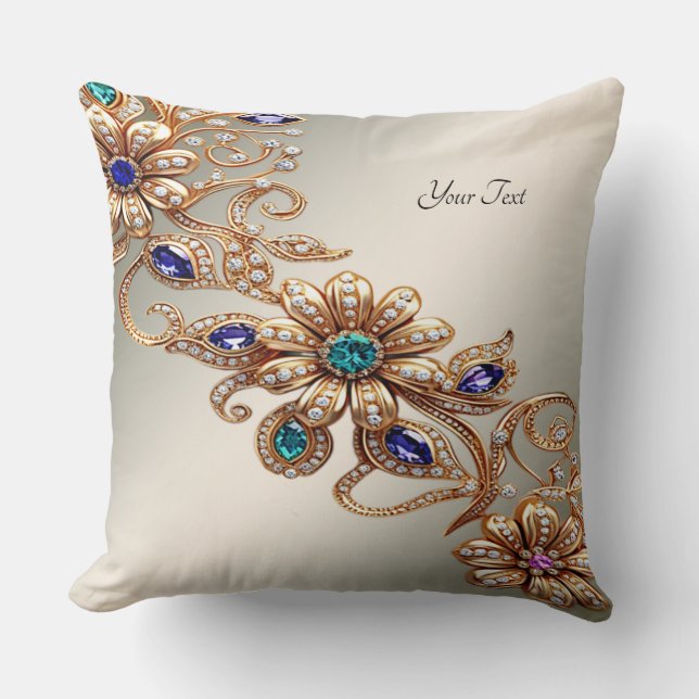 Elegant Gold Jewel Flowers Throw Pillow (Front)