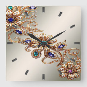 Elegant Gold Jewel Flowers Wall Clock