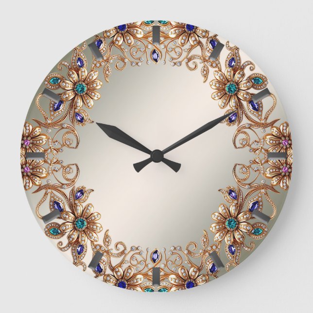 Elegant Gold Jewel Flowers Wall Clock (Front)
