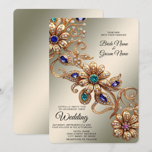 Elegant Gold Jewel Flowers Wedding Invitation