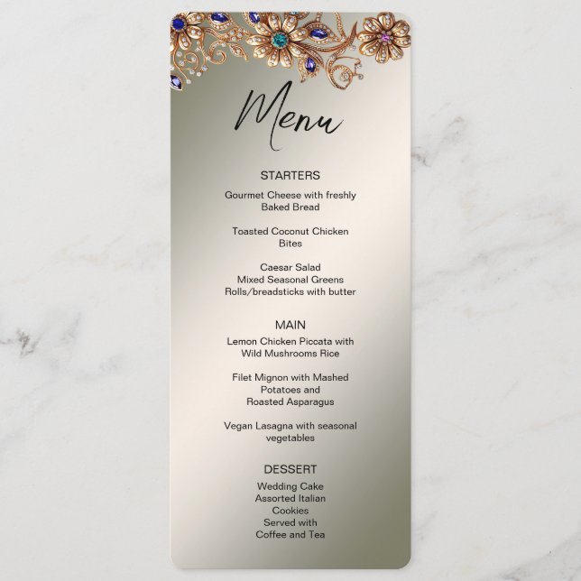 Elegant Gold Jewel Flowers Wedding Menu (Front)