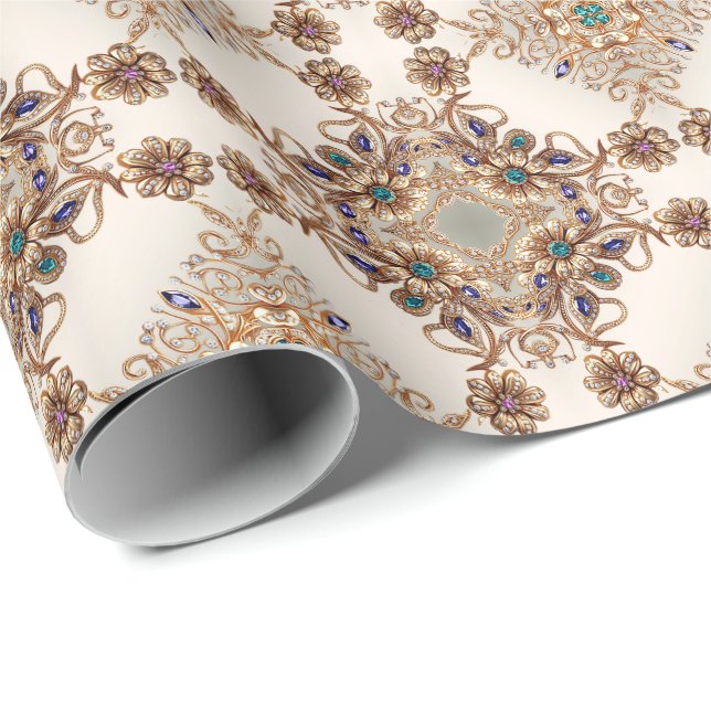 Elegant Gold Jewel Flowers Wrapping Paper (Roll Corner)