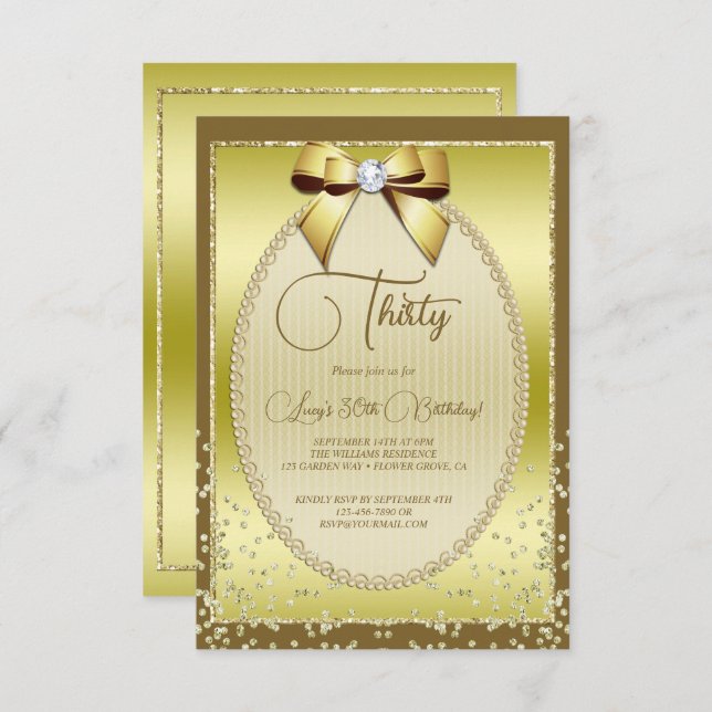 Elegant Gold Jeweled Bow & Confetti Birthday Invitation (Front/Back)