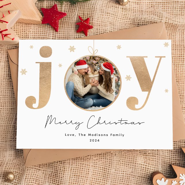 Elegant Gold "Joy" Ornament Christmas Family Photo Holiday Card (Creator Uploaded)