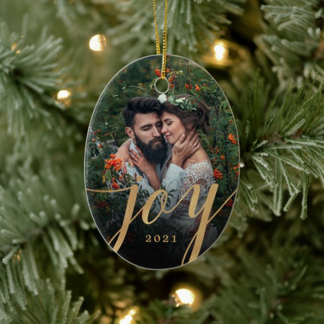 Elegant Gold Joy Script Photo Christmas  Ceramic Ornament (Tree)