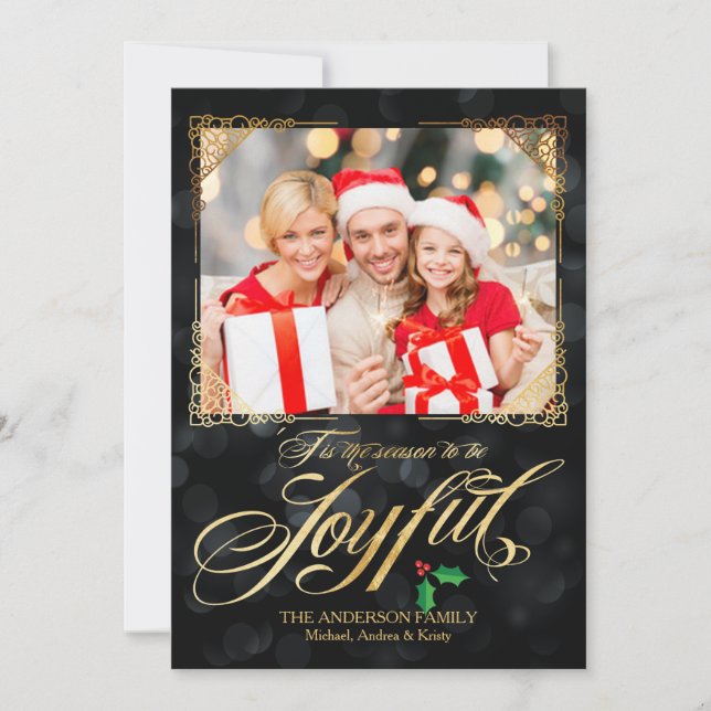 Elegant Gold Joyful Black Bokeh Photo Christmas Holiday Card (Front)