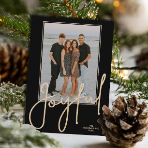 Elegant Gold JOYFUL Script Black Photo Christmas Holiday Card