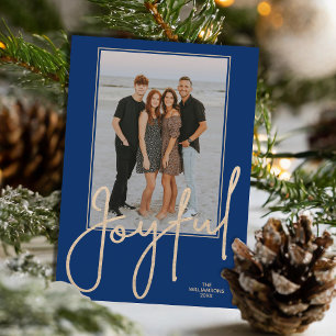 Elegant Gold JOYFUL Script on Blue Photo Christmas Holiday Card