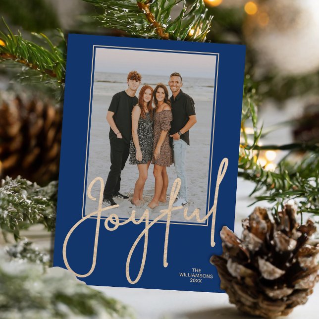 Elegant Gold JOYFUL Script on Blue Photo Christmas Holiday Card (Elegant Gold JOYFUL Script on blue photo Christmas holiday cards, PRINTED and/or INSTANT DOWNLOAD)
