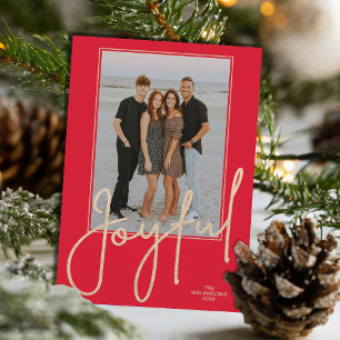 Elegant Gold JOYFUL Script on Red Photo Christmas Holiday Card