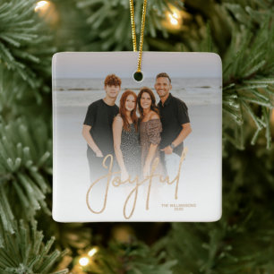 Elegant Gold JOYFUL Script Photo Christmas Ceramic Ornament