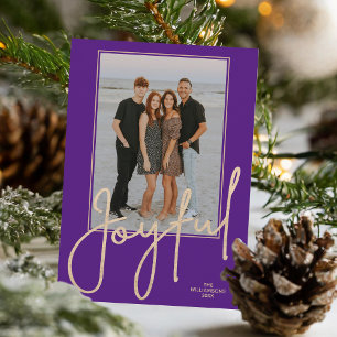 Elegant Gold JOYFUL Script Purple Photo Christmas Holiday Card