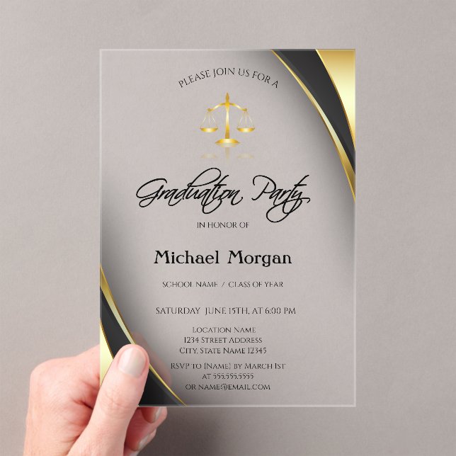 Elegant Gold Justice Scale Border Grey Graduation Acrylic Invitations (Insitu (Handheld))