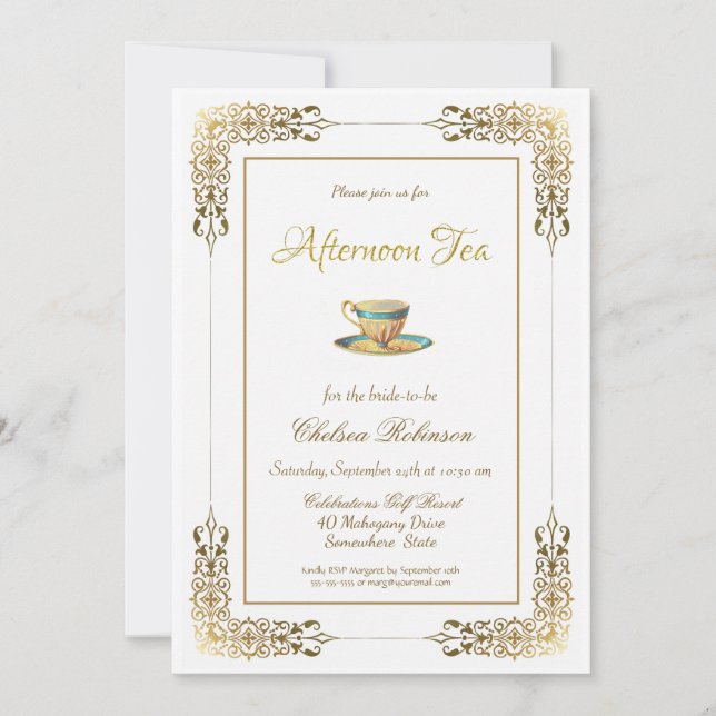 Elegant Gold Lace Afternoon Tea Bridal Shower Invitation (Front)