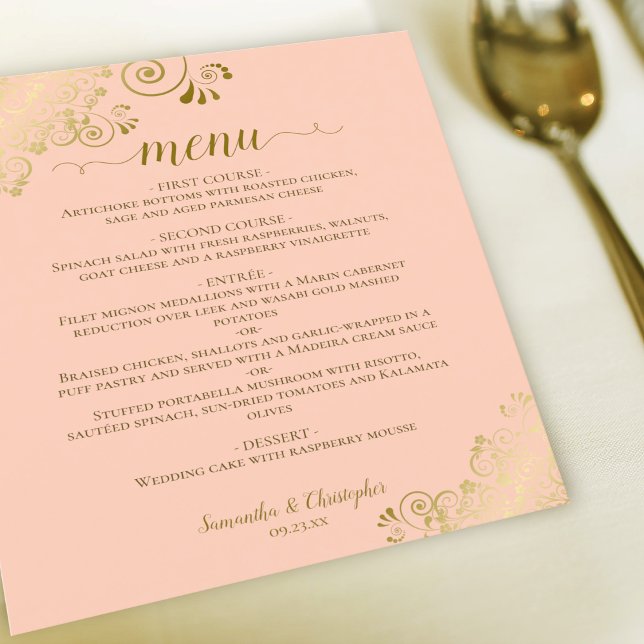 Elegant Gold Lace Coral Peach Budget Wedding Menu (Creator Uploaded)