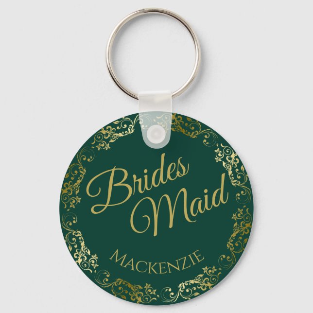Elegant Gold Lace Emerald Green Bridesmaid Wedding Key Ring (Front)