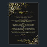 Elegant Gold Lace Frills on Classy Black Wedding Menu<br><div class="desc">This beautiful wedding menu is simple,  elegant,  sophisticated and stylish. It features an elegant black design with lacy gold script calligraphy and delicate golden curls and swirls in the corners. The back is a beautiful marbled gold colour.</div>