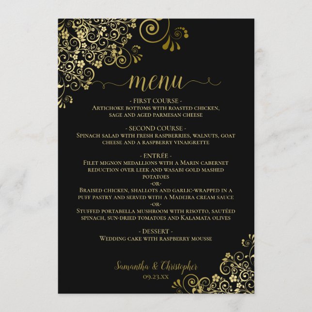 Elegant Gold Lace Frills on Classy Black Wedding Menu (Front)