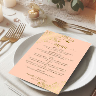 Elegant Gold Lace Frills on Coral Peach Wedding Menu